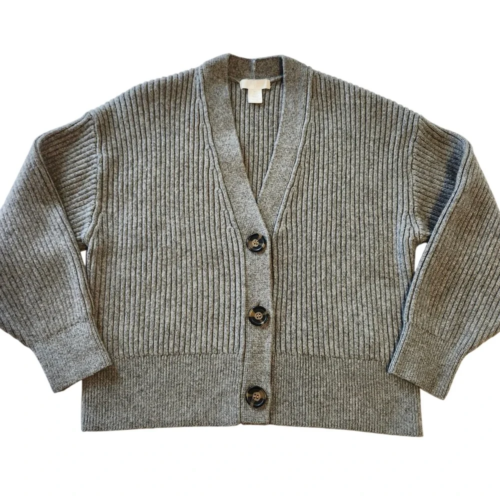 H&M Ribbed Chunky V-Neck Cardigan Sweater Gray Long Sleeve Buttons Women's Large